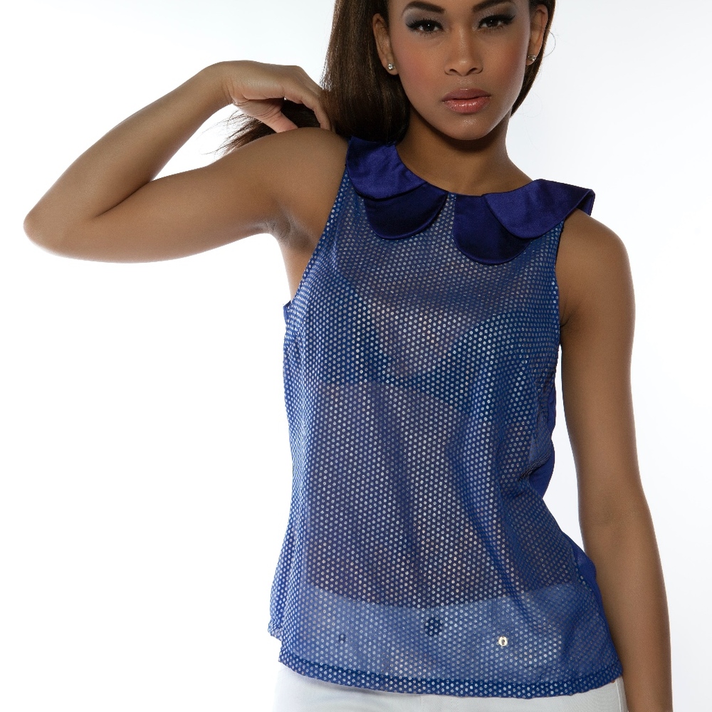 Blue and Silver Polka Dot Top w Peter Pan Collar